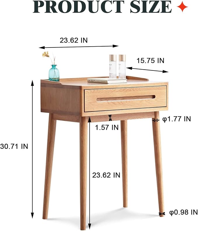 Solid Oak Wood Vanity Table Wood Desk with Drawer, Writing Desk Modern Desk Small Computer Desk for Bedroom Office (Log Color,15.74" D x 23.62" W x 30.7" H)