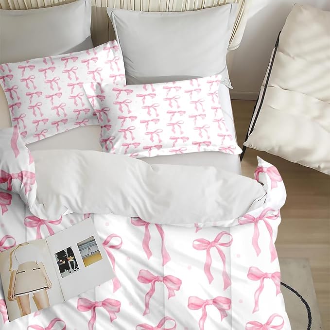Comforter Set with 2 Pillowcases King Size, Cute Coquette Pink Bow Bowknot, Bed Decor Sweet Themed Elegant Girly Baby for Kids and Adults, Soft Cozy Bedroom Bedding Set