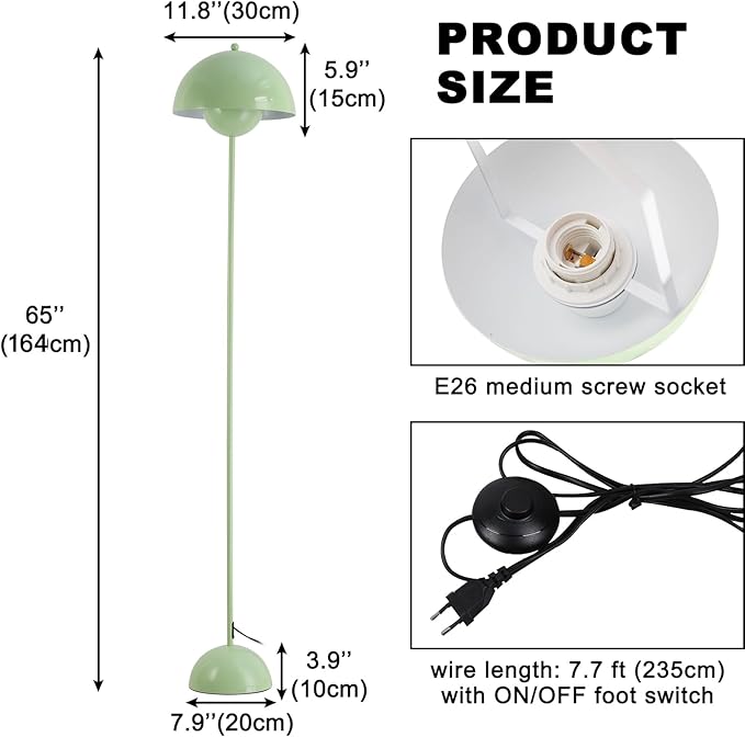 COSYLUX Modern Floor Lamp for Living Room, Industrial Tall Standing Lamp for Bedroom, Metal Shade Reflecting Light Reading Floor Lamp for Office, Nursery Room, Corner(Pastel Green)