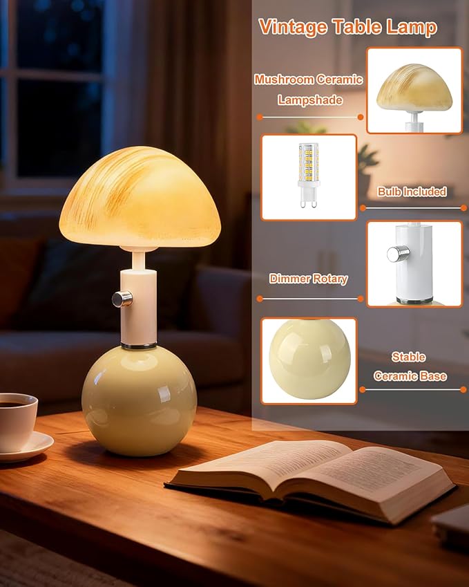 Lightdot Mushroom Lamp Table Lamp for Bedroom, Small Ceramic Bedside Table Lamps for Living Room Night Stands, Cute Unique Aesthetic Modern Mid Century Desk Lamp for Home Decor