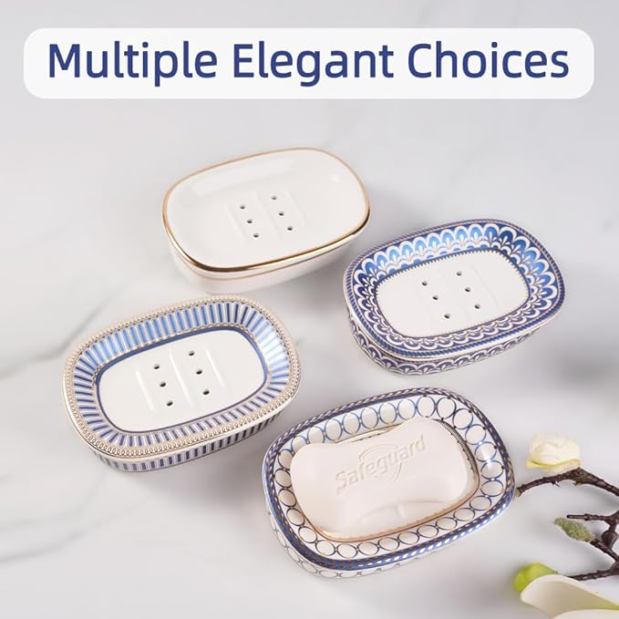 Self Draining Soap Dish, Double-Layer Bar Soap Tray, White Ceramic Soap Dish with Elegant Patterns (White with Gold Line)