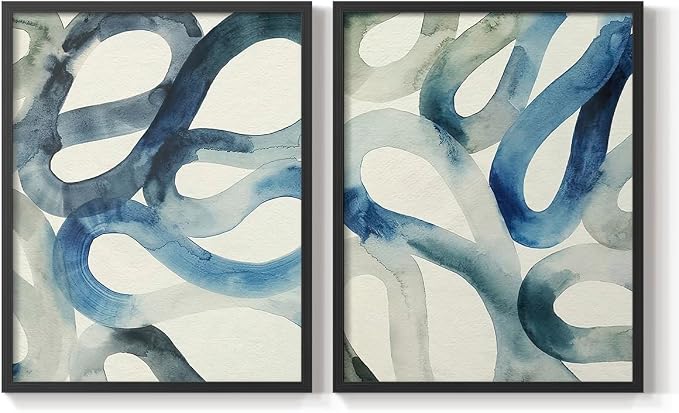 Renditions Gallery Set of 2 Peel & Stick Framed Prints, Watercolor Abstract Wall Art, Aquatic Water and Sand Strokes Wall Decor, Re-Stickable - Ready to Hang - 22"x28" - Black Frame LT588
