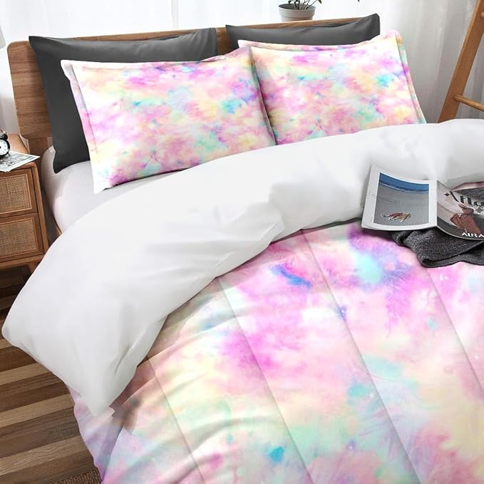 Tie Dye Twin Comforter Set, Unicorn Galaxy Colorful Bedding Set 2 Piece, All Season Soft Toddlers Children Adults Bedroom Bed Decoration Comforter and 1 Pillow Shams