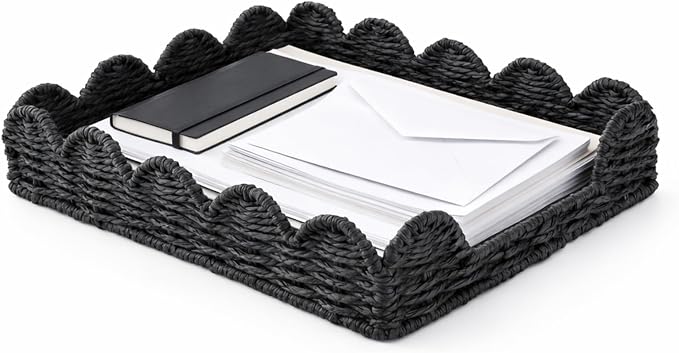 Woven Letter Tray, Paper Tray Organizer for Papers, Documents, Folders, Notebooks, and Stationery, Magazine File Holder, Mail Basket, Desk Organizers and Accessories, Office School Home Storage, Black