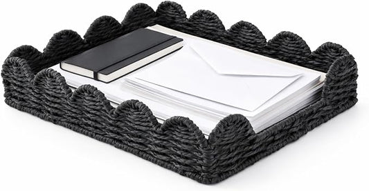 Woven Letter Tray, Paper Tray Organizer for Papers, Documents, Folders, Notebooks, and Stationery, Magazine File Holder, Mail Basket, Desk Organizers and Accessories, Office School Home Storage, Black