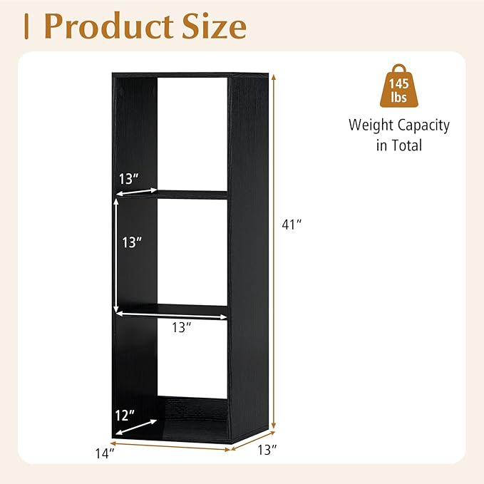 Tangkula 3-Cube Bookcase, 4-Tier Bookshelf with Open Compartments, Freestanding Cube Storage Organizer with Anti-Toppling Kits, Modern Display Shelf for Living Room, Study (1, Black, 3-Cube)