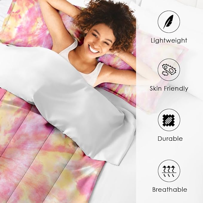 Hippie Tie Dye Orange Queen Comforter Set, Pink Peach Light Bedding Set 3 Piece, All Season Soft Toddlers Children Adults Bedroom Bed Decoration Comforter and 2 Pillow Shams