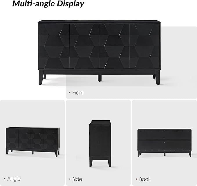HULALA HOME Mid Century Sideboard Buffet Cabinet with Solid Wood Legs, 60" Kitchen Storage Cabinet Credenza with 4 Doors and 2 Shelves, Accent Console Table (Black)