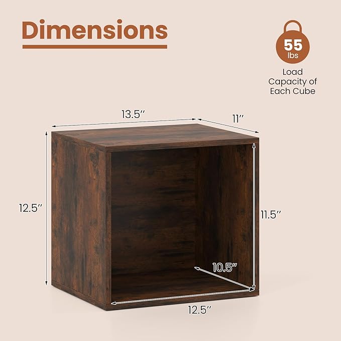 Giantex 2-Cube Bookcase, Stackable Cube Storage Organizer w/Open Bookshelf, Wooden Display Shelving Unit for Small Space, DIY Modular Cubby Storage System for Home, Study, Living Room, Rustic Brown
