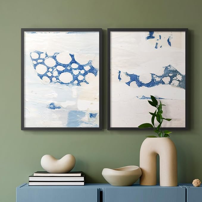 Renditions Gallery Set of 2 Peel & Stick Framed Prints, Textured Abstract Wall Art, White Blue Bubble Like Pattern Wall Decor, Re-Stickable - Ready to Hang - 16"x20" - Black Frame LT588