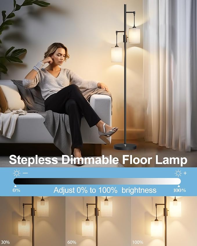 Lightdot 65IN Black Floor Lamp for Living Room, Industrial 2-Light Tree Floor Lamps with Linen Shade, Modern Standing Tall Lamp with 5Lbs Heavy Base for Bedroom/Sofa Beside/Corner Decor(Bulb Included)
