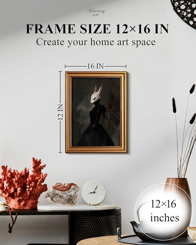 HUARCEY Gold Framed Vintage Wall Art Canvas Prints Gothic Room Decor Vintage Rabbit Lady Wall Decor, Aesthetic Dark Academia Halloween Pictures Oil Painting Goth Decorations 12x16in