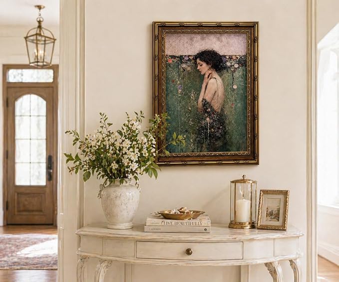 dzbLuck Vintage Ophelia Wall Art Print, Romantic Victorian Gothic Dark Academia Decor, Antique Female Portrait, Moody Floral Poster, Gold Frame 12x16 Inch