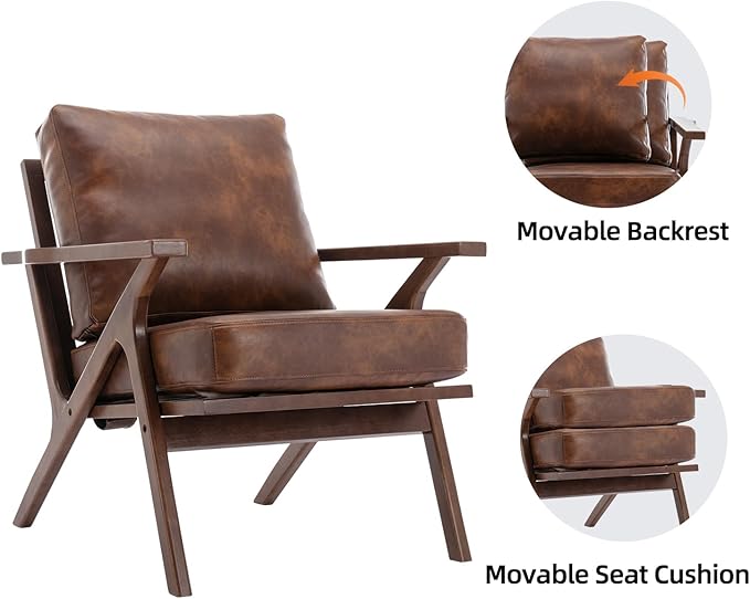 INZOY Mid-Century Modern Accent Chair Set of 2, PU Leather Living Room Chair and Soft Thick Padded Armchair for Living Room Bedroom Reception with Removable Upholstered Cushions, Reddish Brown