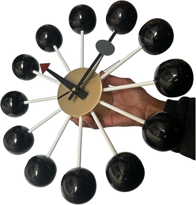 Mid Century Modern Ball Clock – George Nelson Style Wooden Wall Clock, Retro Starburst Design, Silent Non-Ticking Decorative Wall Decor for Living Room, Office, Kitchen & Home (Black, 20 Inch)