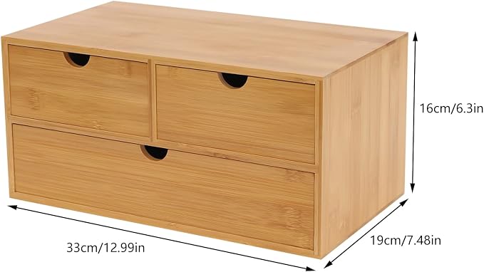 Bamboo Desk Organizer Small Retro Bamboo Tabletop Storage Box with Drawers& Recess Handles for Office Home Supplies Table Storage Collector 13 * 7.5 * 6in (3 Drawers/2 Top&1 Bottom)