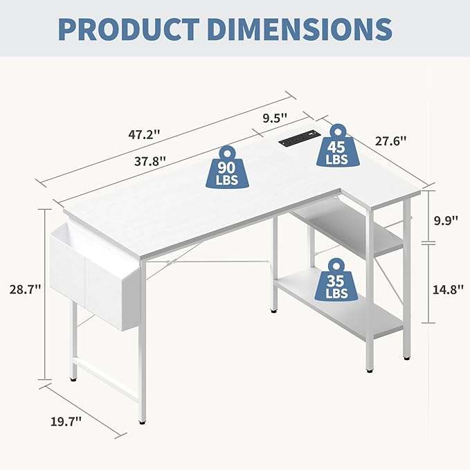 DUMOS 39" Corner Gaming Desk, L Shaped Computer Desk with 3AC+2USB+1Type-C Power Strip, Storage Shelves & Side Hanging Fabric Organizer, White Gaming Workstation for Home Office and Bedroom