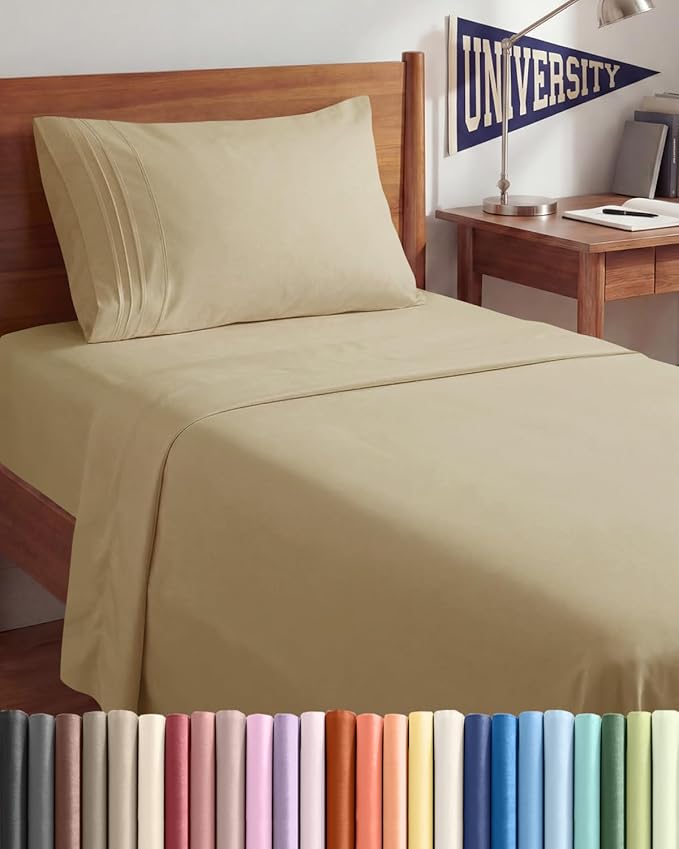 Twin XL Size 3 Piece Sheet Set - Comfy Breathable & Cooling Sheets - Hotel Luxury Bed Sheets for Women & Men - Deep Pockets, Easy-Fit, Extra Soft & Wrinkle Free Sheets - Beige Oeko-Tex Bed Sheet Set