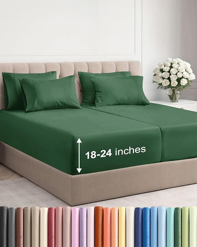 Extra Deep Split King Sheet Set - 7 Piece Breathable and Cooling Sheets - Hotel Luxury Bedding for Women, Men, Kids & Teens - Easy Secure Fit - Soft & Wrinkle Free - Extra Deep Pockets - Emerald Green