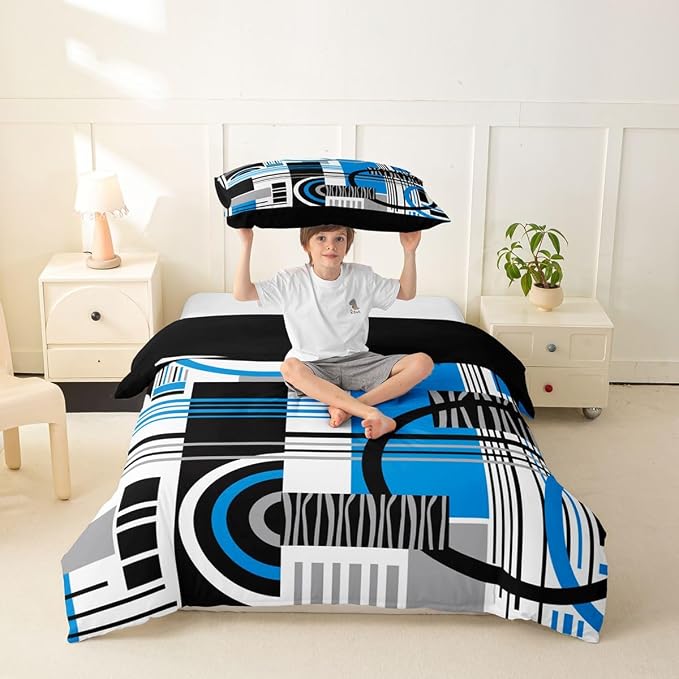 Erosebridal Art Deco Mid Century Duvet Cover Set Retro Modern Abstract Geometric Girl Toddler Bedding Set for Teenage Boys Black and White Blue Circles Stripes Comforter Cover Contemporary Bed Sets