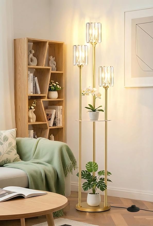 Crystal Floor Lamps for Living Room, Glass Modern Floor Lamp with Shelves, Mid Century Standing Lamps with Table, Brass Tall Lamp with Crystal Shade Vintage Retro Corner Floor Lamp (K9 Crystal Gold)