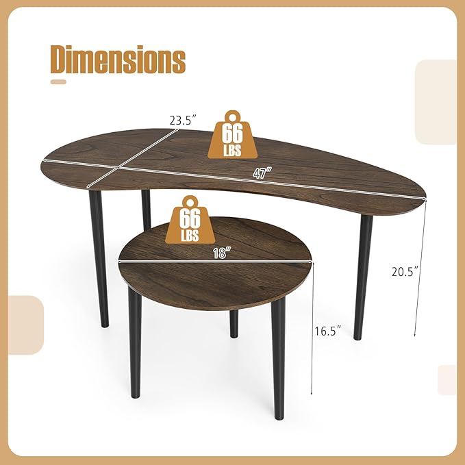Giantex Nesting Tables Set of 2, Mid Century Modern Coffee Tables with Solid Wood Support Legs, Wood Side End Tables in Kidney & Round Shape for Living Room, Easy Assembly, Walnut