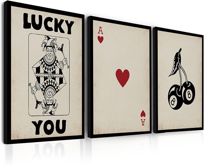 Poker Wall Art Lucky You Poster Set of 3, Trendy Retro Red Heart A Joker Prints Pictures for Living Room Wall Decor Rustic Vintage 8-Ball Pool Canvas Artwork for Bedroom Home Office Decoration 12x16"