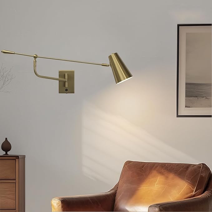 Rotatable Activity Adjustable Direction Swing Arm Wall Lamp, Dual Power Modes Plug-in/Hardwired, Indoor Large Gold Wall Mounted Lights for Bedroom Living Room Dining Room, E26 Bulb