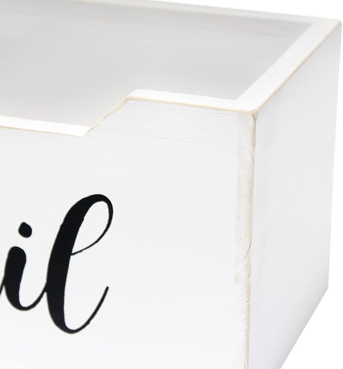 Elegant Designs HG2010-WMB Rustic Farmhouse Wooden Tabletop Black Script Word Mail Organizer Box, Letter Holder Office Accessories Decor, White Wash