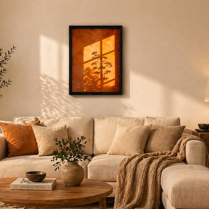 Framed Sunset Wall Art, Orange Window Shadow Poster Print, Minimalist Botanical Silhouette Picture Painting, Modern Aesthetic Picture Wall Decor for Bedroom Living Room 12x16 Inches