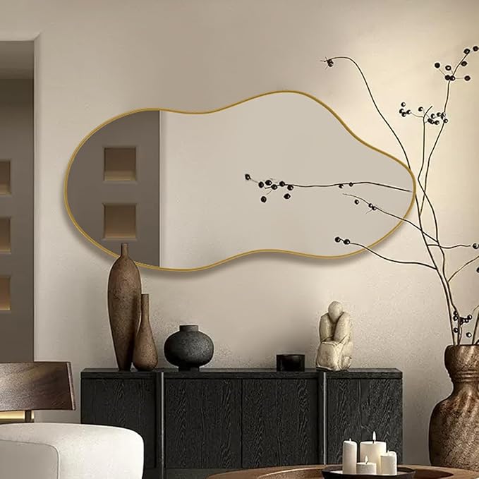 Irregular Wall Mirror 24×46 Inch Wall Mirrors Decorative Gold Modern Asymmetrical Abstract Mirror for Bathroom Bedroom Living Room Entryway Hallway