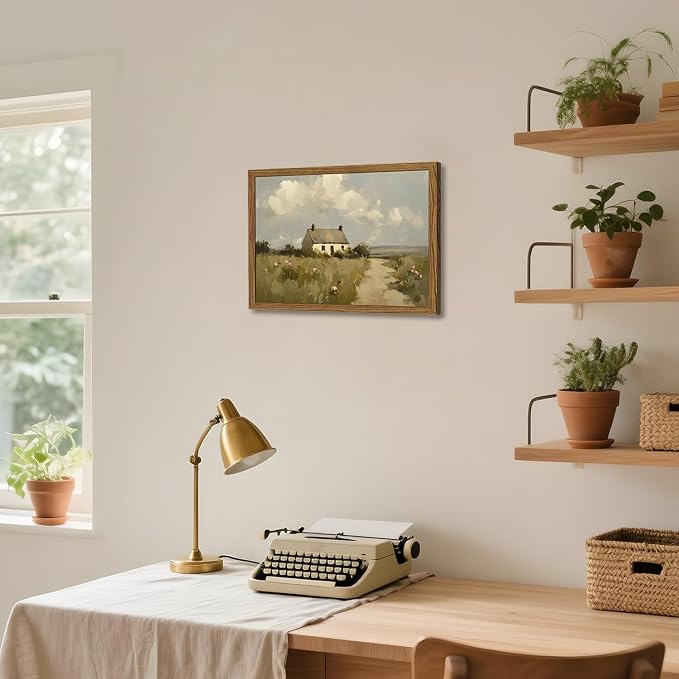 Vintage Farmhouse Wall Art, Country Cottage Wall Decor Paintings, Framed 3D Textured Hand Drawn Sandstone Natural Countryside Landscape Artwork for Bedroom Living Room 12x16 inch Wood Frame