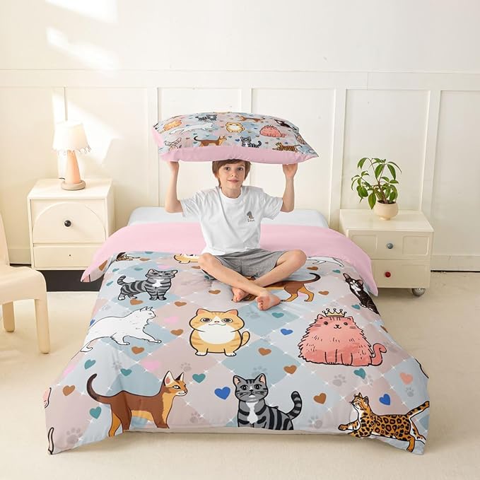 Erosebridal Cat Bedding Set Twin Cute Kitten Duvet Cover Kawaii Pet Animals Comforter Cover for Kids Girls Boys Adults Hearts & Paw Pastel Argyle Patchwork Plaid Bed Set