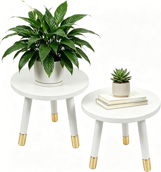 2-Pack Mid Century Plant Stand for Indoor Plants, Modern Metal Flower Pot Holder Stand for Living Room, Decorative Small Round Side Table for Balcony, Patio, Office, 8.9” High, White