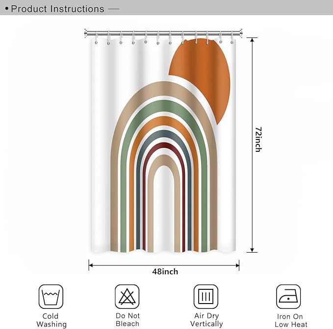 Mid Century Bohemian Shower Curtain - Colorful Stripes Arch Orange Sun Boho Design With Hooks, Waterproof Fabric Polyester, Aesthetics Home Decor, 48x72 Inch