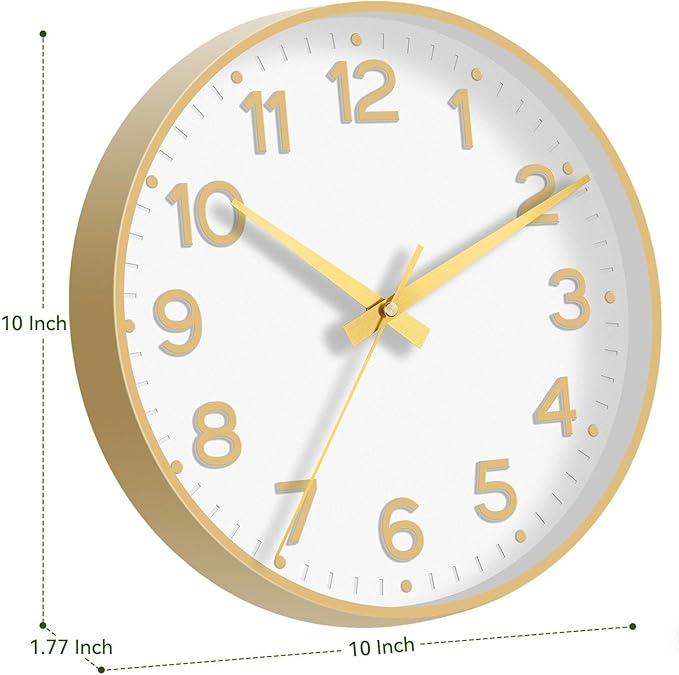 Mosewa Wall Clock 10 Inch, Battery Operated Silent Non-Ticking Modern Analog Clock Decorative for Kitchen, Bedroom, Office, Living Room(White Gold)