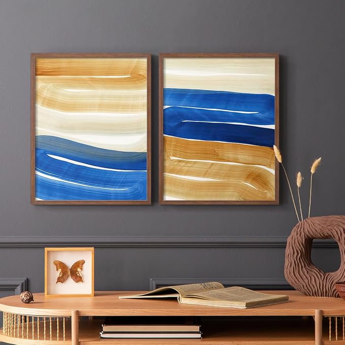 Renditions Gallery Set of 2 Peel & Stick Framed Prints, Abstract Wall Art, Blue and Gold Wave Textured Background Wall Decor, Re-Stickable - Ready to Hang - 8"x10" - Walnut Frame LT588