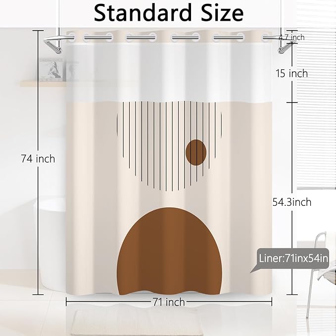 No Hook Boho Shower Curtain with Snap in Fabric Liner Set, Modern Geometric Design, Abstract Mid-Century Waterproof Shower Curtains for Bathroom, 71x74 Inches