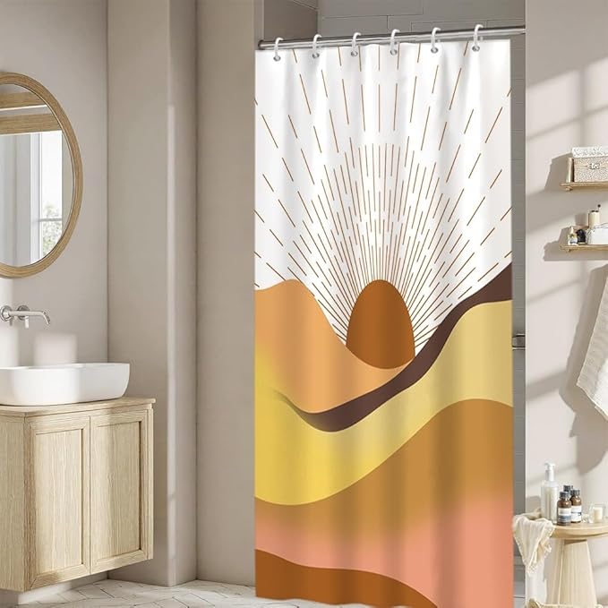 Mid Century Boho Shower Curtain Set Abstract Orange Sunrise Mountain Bathtub Curtains Brown Retro Minimalist Aesthetic Bathroom Decor Machine Washable Waterproof Polyester Fabric with Hooks 48x72 Inch