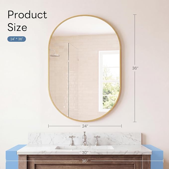 Sweetcrispy 24" x 36" Gold Bathroom Mirror for Wall, Oval Wall Mirrors with Metal Frame, Tempered Glass, Modern Vanity Mirror for Over Sink, Living Room, Bedroom, Entryway, Horizontal or Vertical