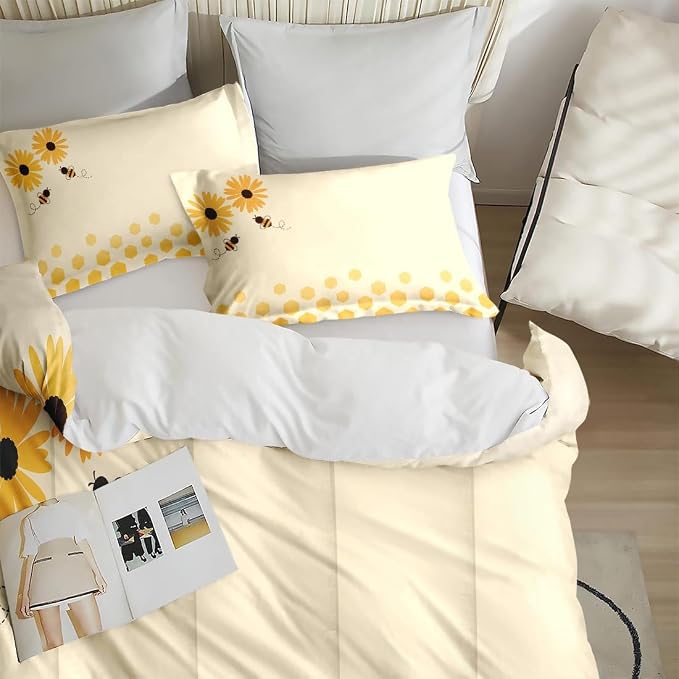 Comforter Set with 2 Pillowcases Full Size, Honey Bee Themed Yellow Sunflower, Bed Decor Cute Daisy Flower Bumble Honeycomb for Kids and Adults, Soft Cozy Bedroom Bedding Set