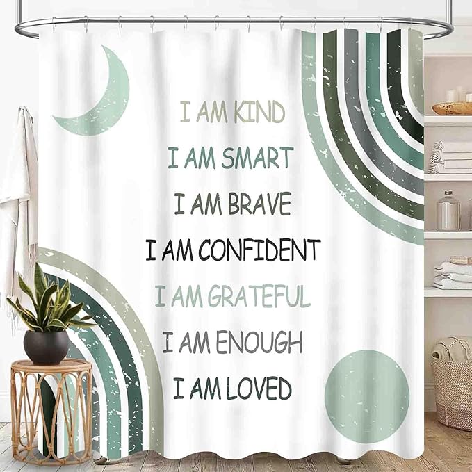 Rainbow Shower Curtain, Watercolor Rainbow Cartoon Abstract Circle Polka Dots Splashes Sage Green Cute for Girls Baby Kids Waterproof Fabric Bathroom Shower Curtain Set with Hooks, 72"x78" Inch