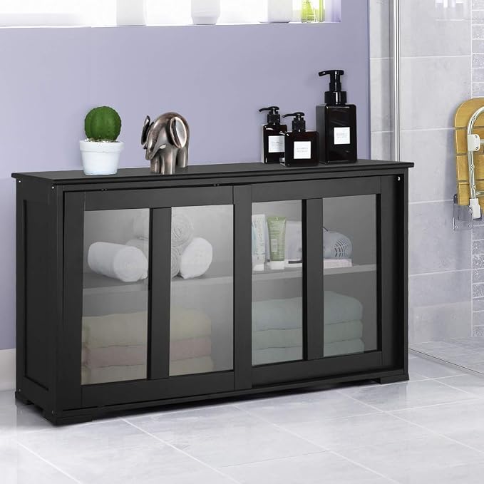 Giantex Buffet Sideboard, Wood Credenza with Sliding Doors, Storage Cabinet with Adjustable Shelf, Modern Console Table, Kitchen Cupboard, Buffet Pantry, Living Room Dining Room Furniture (Black)
