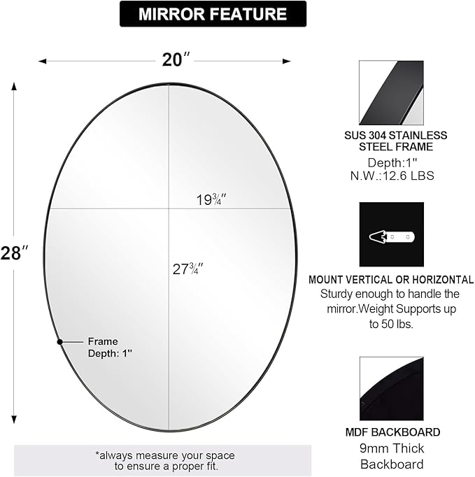 ANDY STAR Black Oval Mirrors for Bathroom, 20x28 Inch Matte Black Stainless Steel Metal Framed Oval Wall Mirror, Modern Vanity Mirror Wall Mount Horizontal or Vertical