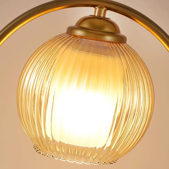 Glass Table Lamp Gold Mid Century Modern Desk Lamp Nightstand Light Round Ribbed Glass Shade Globe Reading Lamp for Bedroom Study Room Office