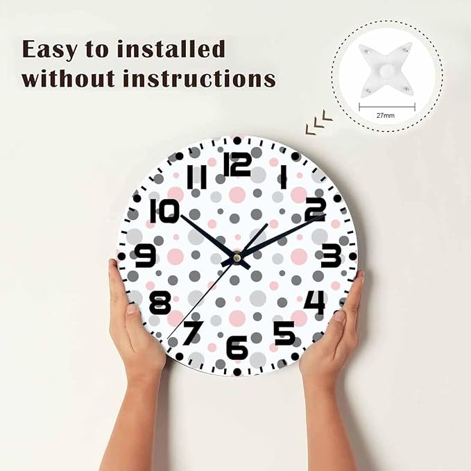 Polka Dot Pattern Wall Clock Pink Gray White Battery Powered Wall Clock Silent Non Ticking 10 Inch for Living Room, Kitchen, Home,Bathroom, Bedroom