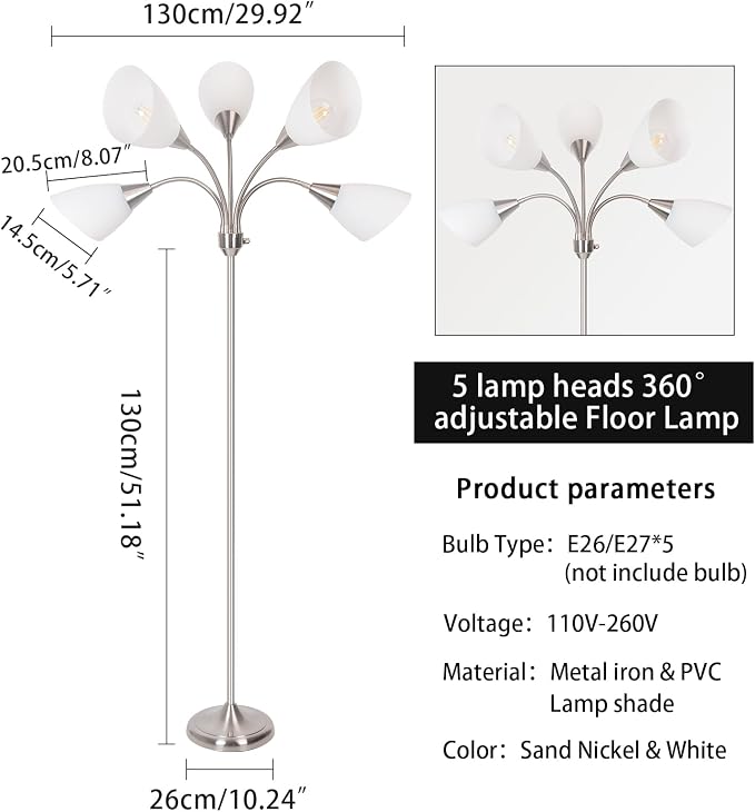 Floor Lamp, 5 Adjustable Neck Heads with Lampshades, Multi-Light Standing Reading Lamp for Living Room, Bedroom, Office
