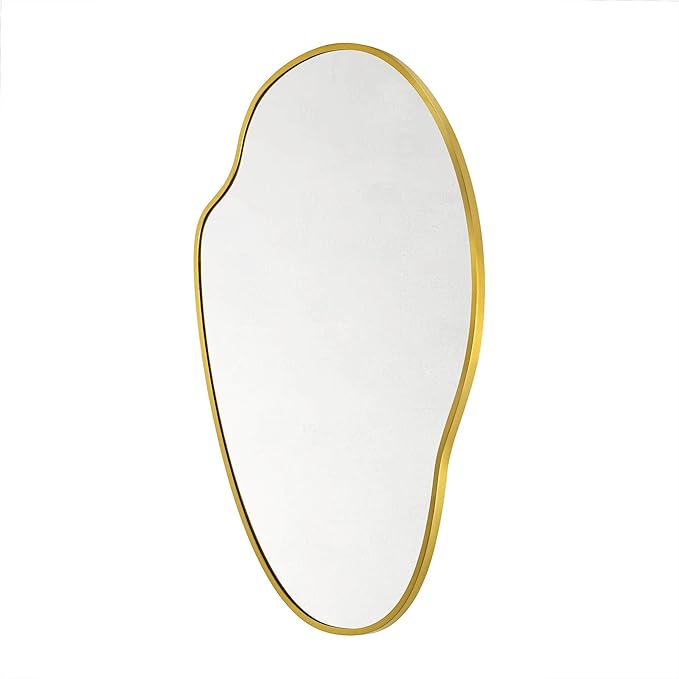TOMACE Brushed Gold Asymmetrical Irregular Wall Mirror,22''x 34'' Unique Brass Frame Wall Mounted Mirror for Bathroom,Entryway,Nursery