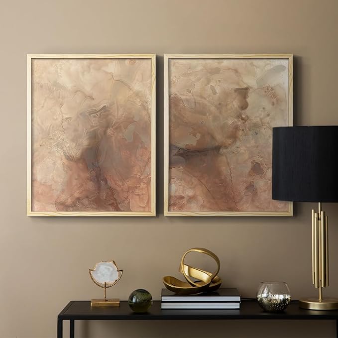 Renditions Gallery Set of 2 Peel & Stick Framed Prints, Abstract Wall Art, Brown Textured Marble Design Re-Stickable - Ready to Hang - 8"x10" - NATURAL WOOD Frame LT588