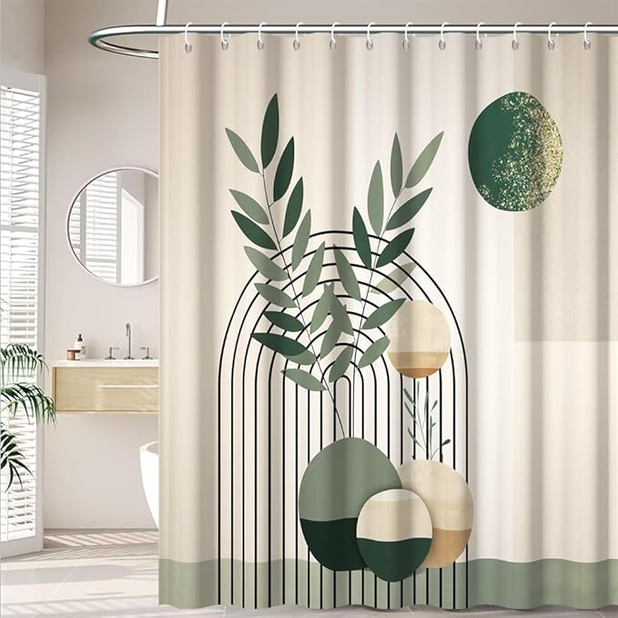 Mid Century Boho Shower Curtain for Bathroom Modern Abstract Minimalist Bathroom Decor Set Green Leaf Sun Arch Bathtub Curtains Machine Washable Waterproof Polyester Fabric with Hooks 54x72 Inch